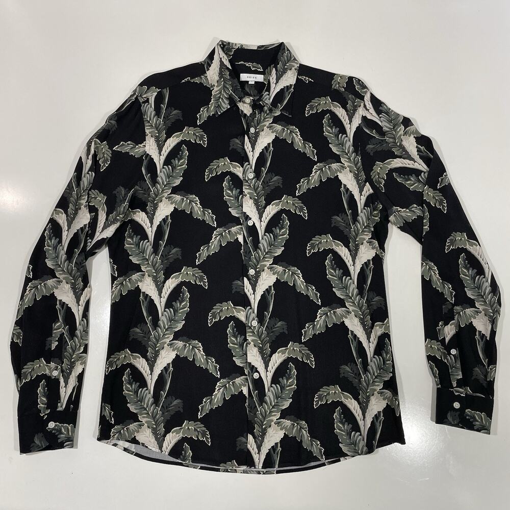 Reiss Oaker Slim Fit Shirt Mens Large Black Palm Print Floral Viscose Button Up